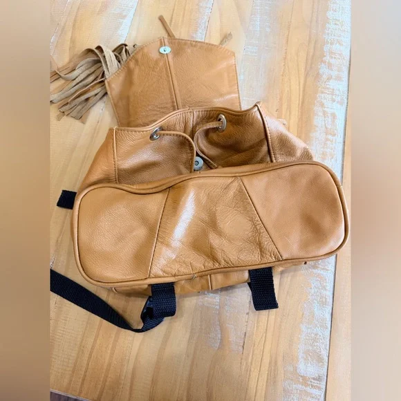 Genuine Leather Fringe Backpack Sling Bag Cognac Distressed 